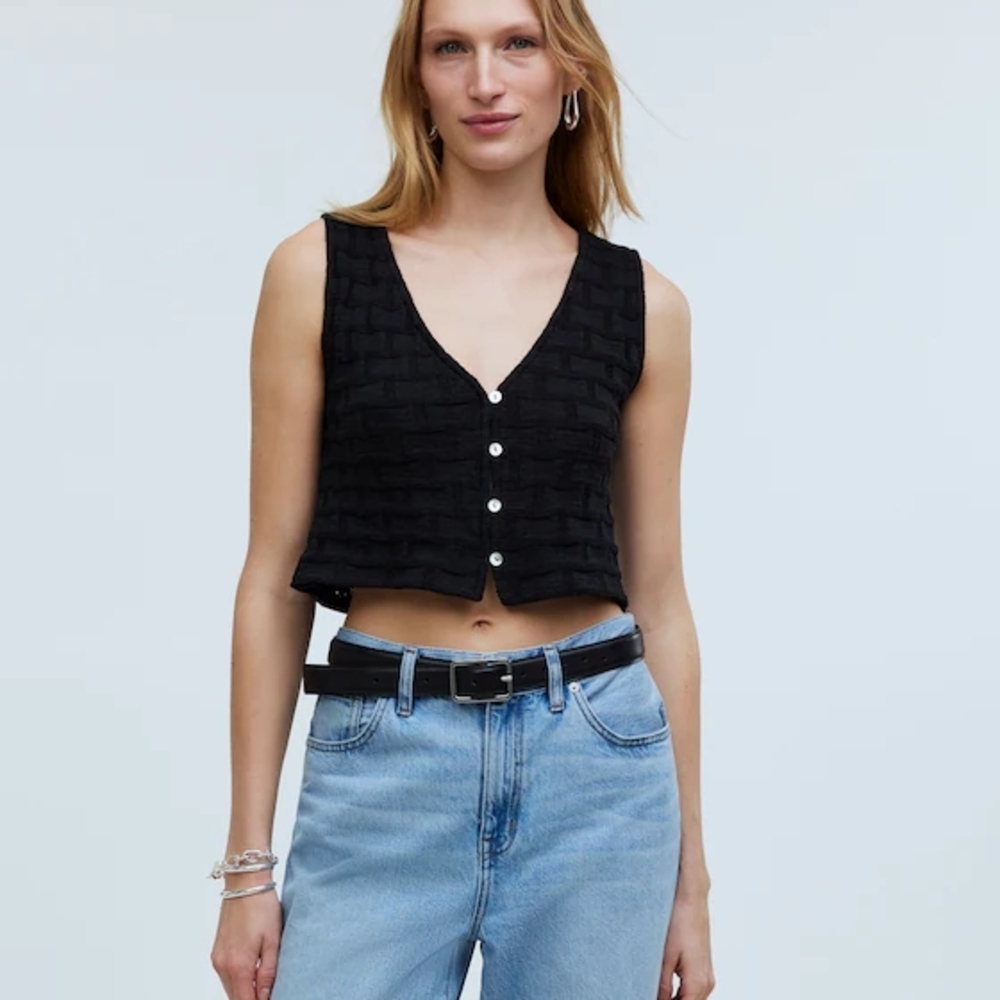 NWT Madewell Basketweave-Stitch Vest Black Textured Knit Tank Top Cropped Size M - Picture 1 of 14